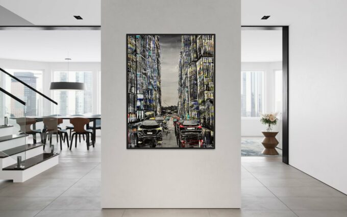 Tableau contemporain coloré, liosettini art, Fusion citadine - 116cm x 89cm