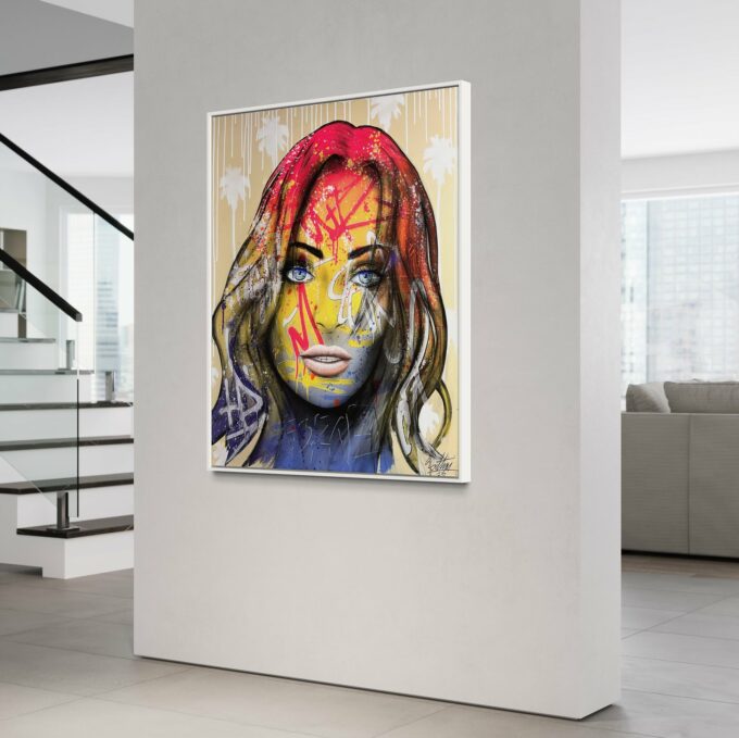 Tableau contemporain coloré, liosettini art, Palm Girl - 92cm x 73cm